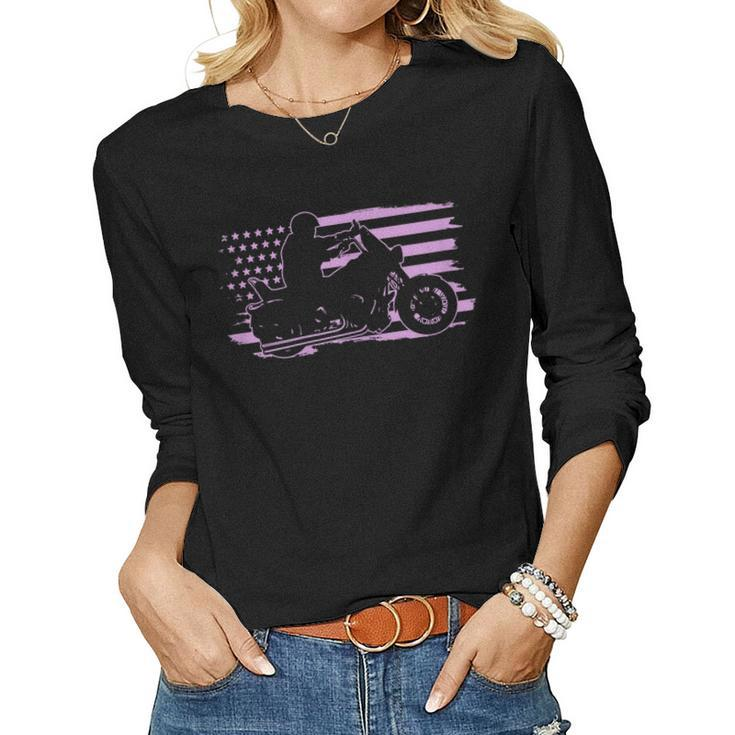 Patriotic Motorcycle Vintage American Us Flag Biker Girl Women Long Sleeve T-shirt