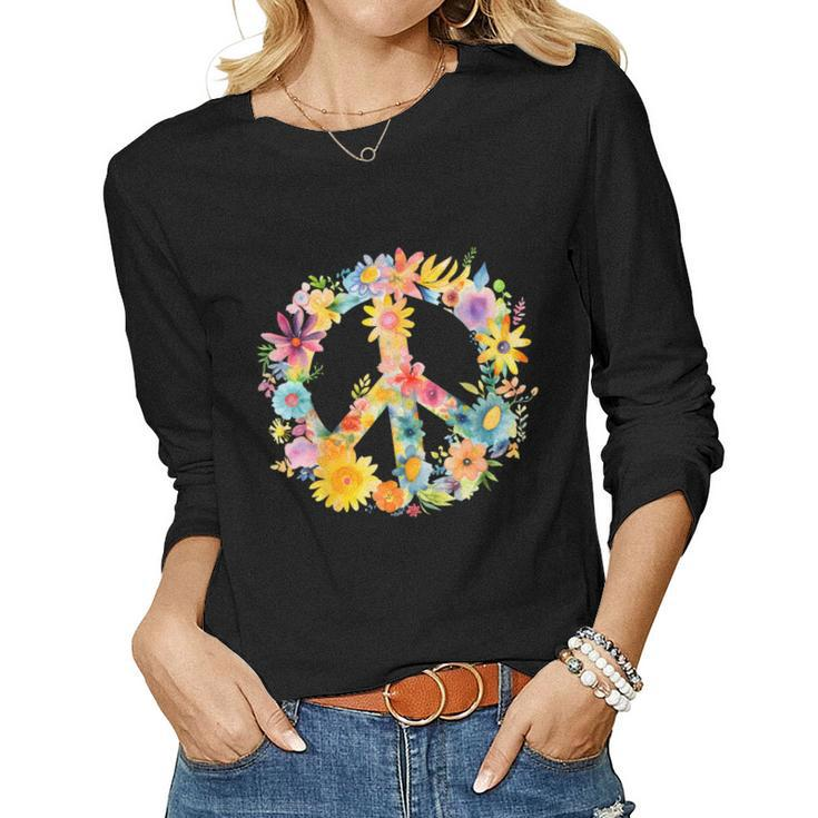 Peace Sign World Love Flowers Hippie Groovy Vibes Colorful Women Long Sleeve T-shirt
