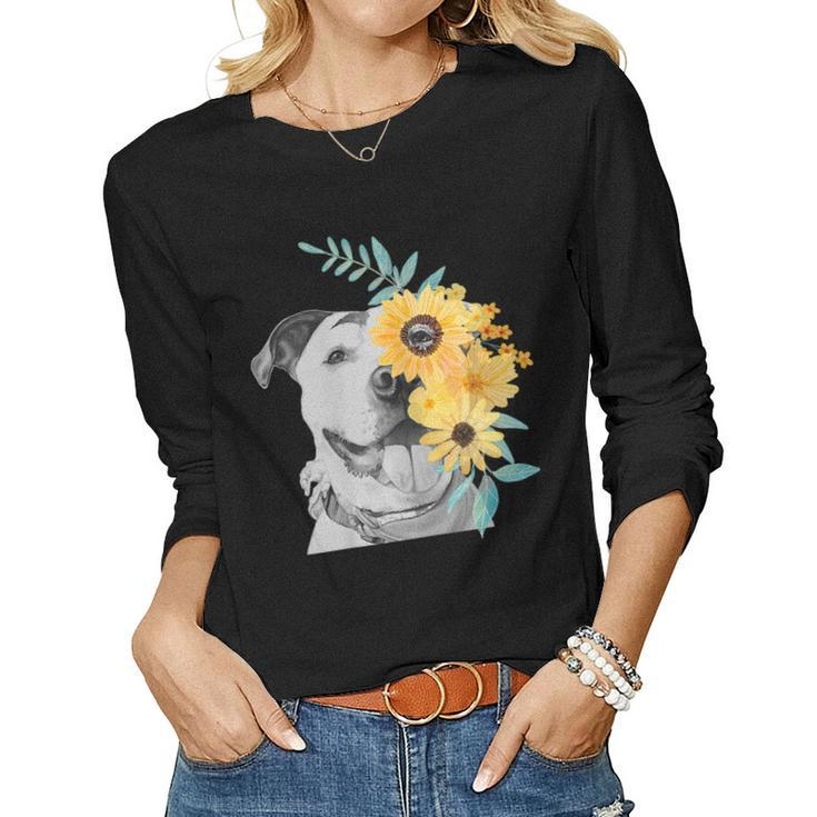 Womens Pit Bull Mom T Shirt Face Flower - Women Long Sleeve T-shirt