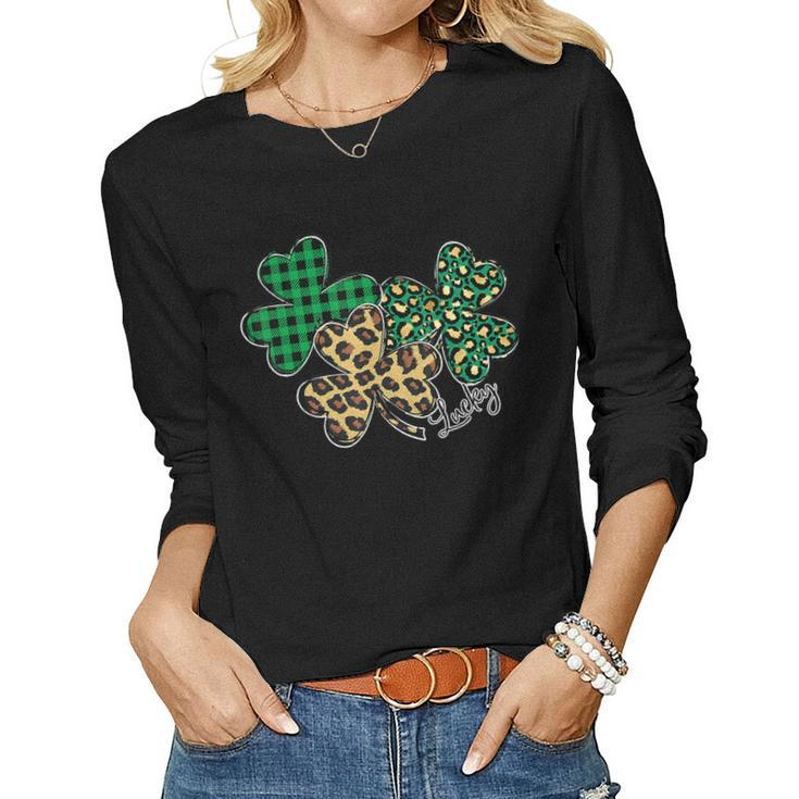 Plaid Shamrock Leopard Cheetah Lucky St Patricks Day Women  Women Graphic Long Sleeve T-shirt