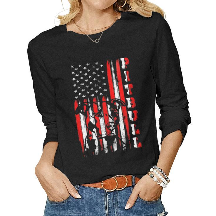 Proud American Pitbull Terrier Flag Funny Dog Dad Mom Gifts Women Graphic Long Sleeve T-shirt