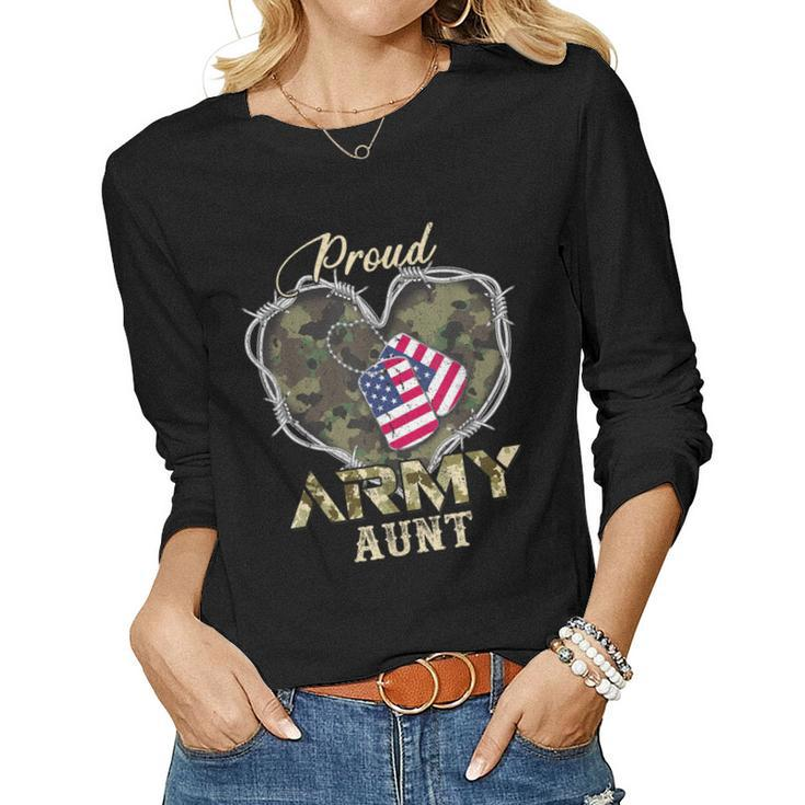 Proud Army Aunt With Heart American Flag For Veteran  Women Graphic Long Sleeve T-shirt