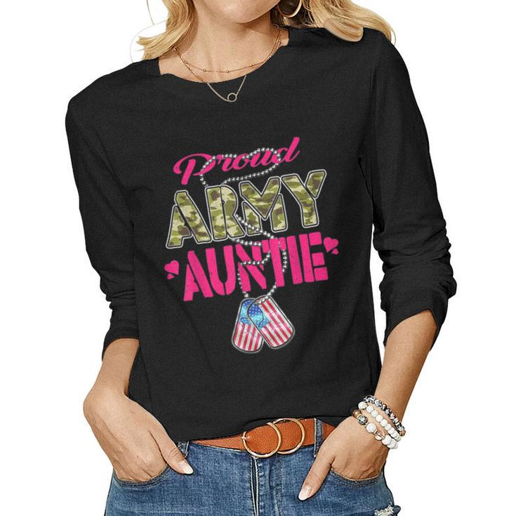 Proud Army Auntie Camo Us Flag Dog Tags Pride Military Aunt  Women Graphic Long Sleeve T-shirt