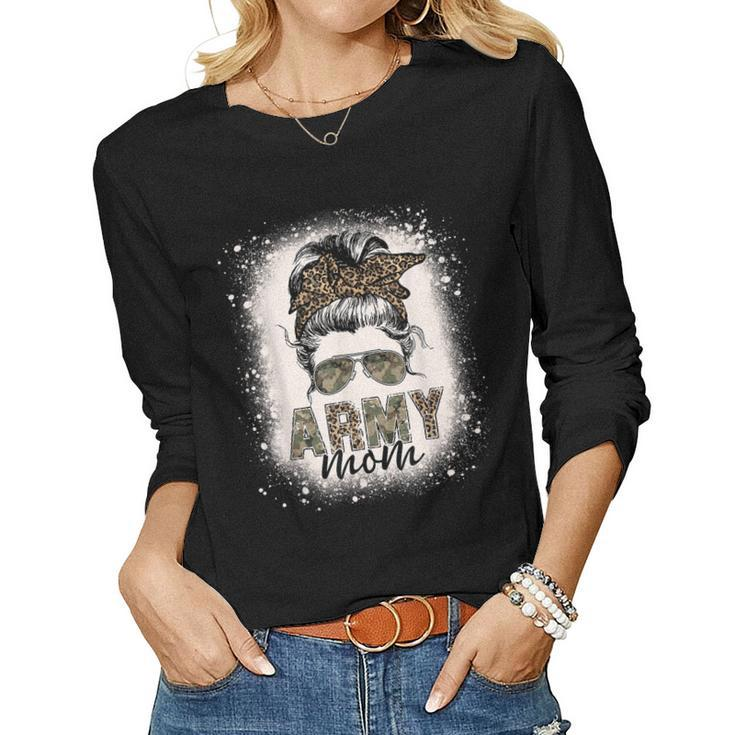 Proud Army Mom Women Leopard Camo Messy Bun Bleached  Women Graphic Long Sleeve T-shirt