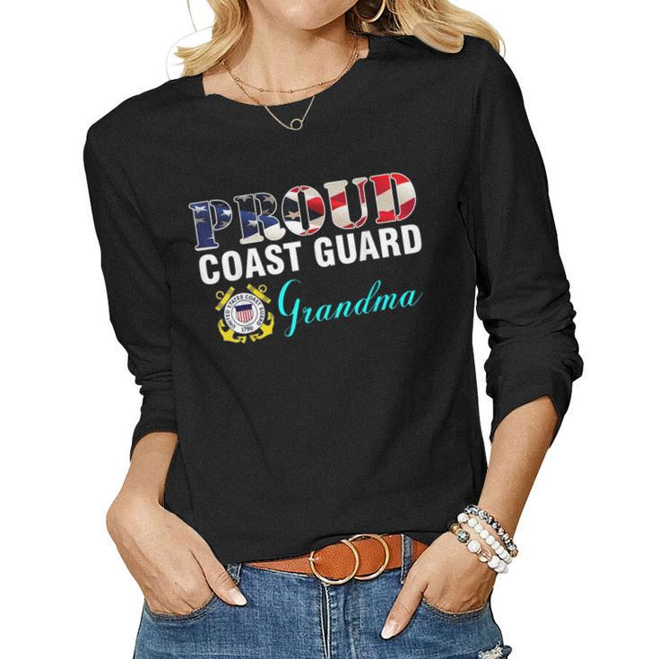 Proud Coast Guard Grandma With American Flag Gift Veteran  Women Graphic Long Sleeve T-shirt
