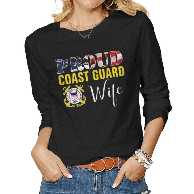 Proud Coast Guard Wife With American Flag For Veteran Day  Women Graphic Long Sleeve T-shirt