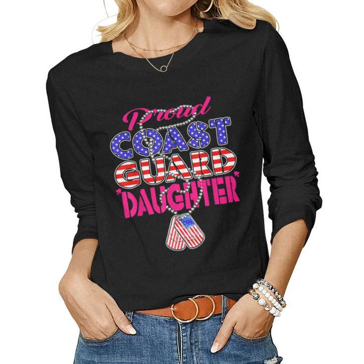 Proud Us Coast Guard Daughter Us Flag Dog Tag Military Child  Women Graphic Long Sleeve T-shirt