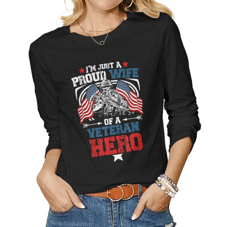 Proud Wife Veteran Hero Us Flag Vintage Veterans Day Husband  Women Graphic Long Sleeve T-shirt