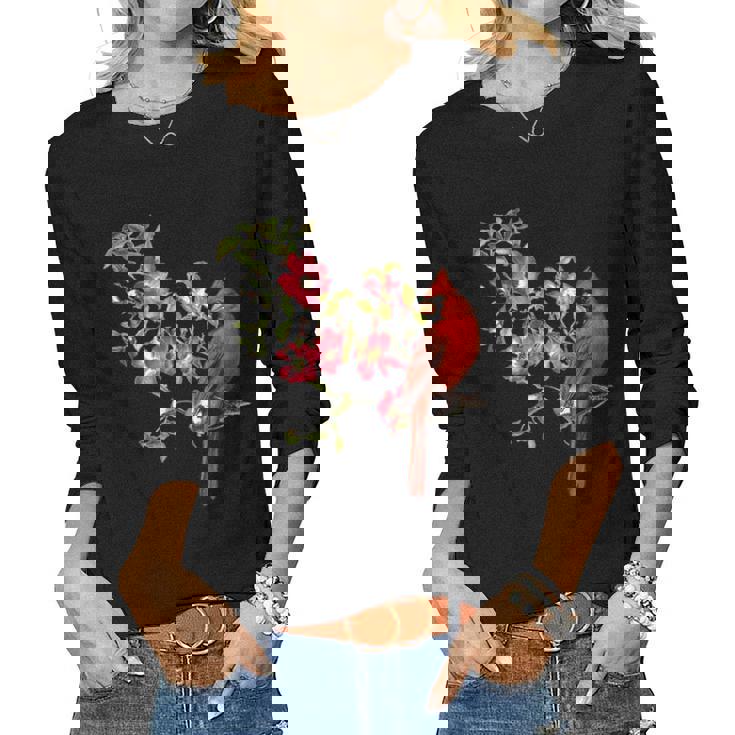 Red Cardinal Bird And Pink Flowering Dogwood Blossoms Women Long Sleeve T-shirt