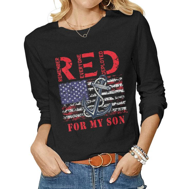 Red Friday For My Son Military Navy Mom Dad Us Flag Vintage Women Long Sleeve T-shirt
