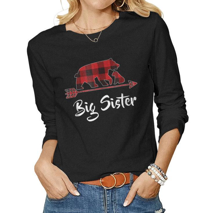Red Plaid Big Sister Bear Matching Buffalo Pajama Women Long Sleeve T-shirt