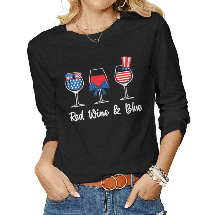 Womens Red White Blue Glasses Of Wine 4Th Of July Usa Flag Womens Women Long Sleeve T-shirt