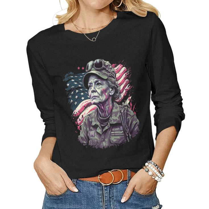 Retired Military Vintage Veteran American Mom  Women Graphic Long Sleeve T-shirt