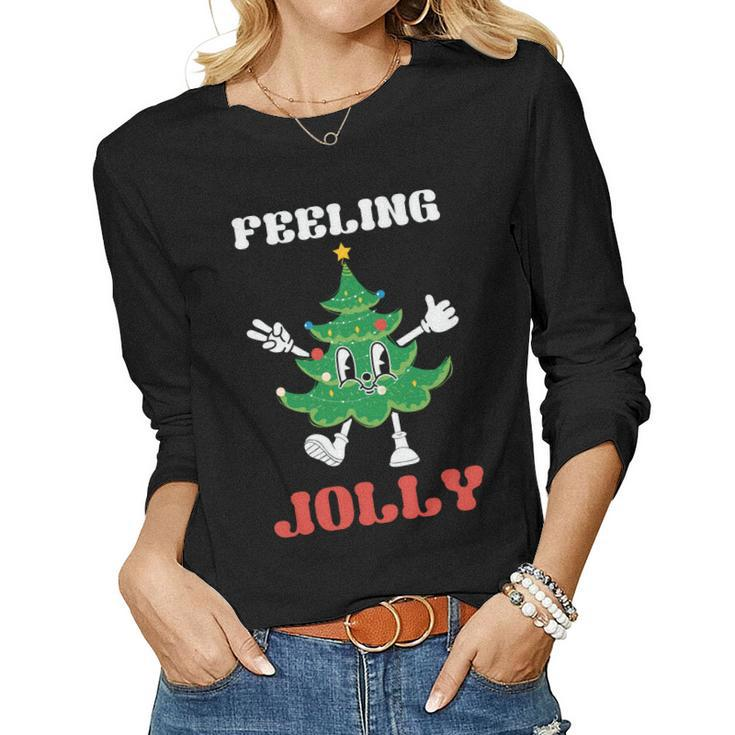 Retro Christmas Feeling Jolly Christmas Tree Women Graphic Long Sleeve T-shirt