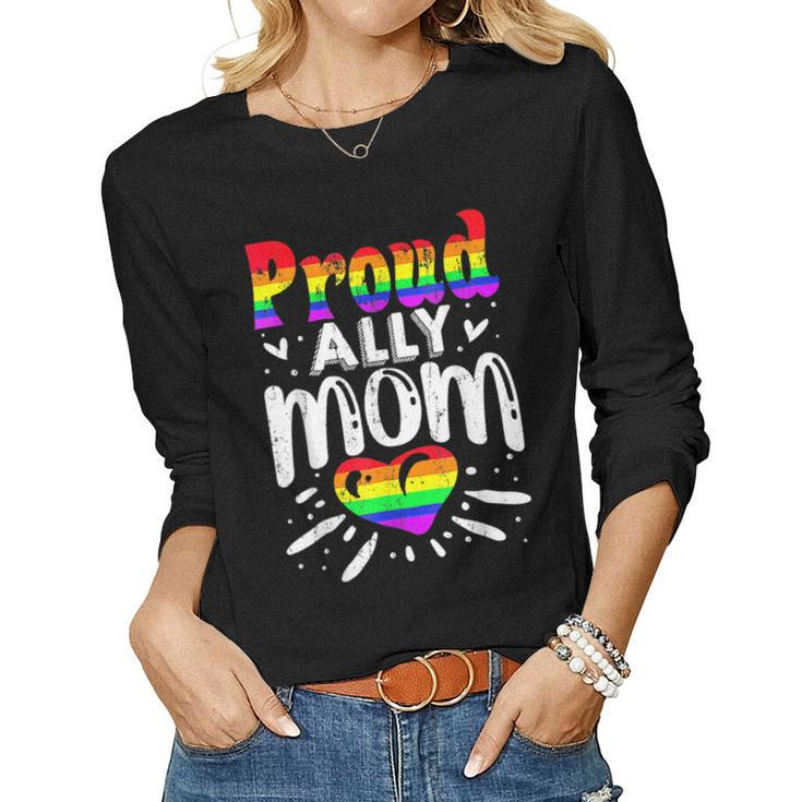 Retro Proud Ally Mom Rainbow Heart Lgbt Gay Lesbian Pride Women Long Sleeve T-shirt