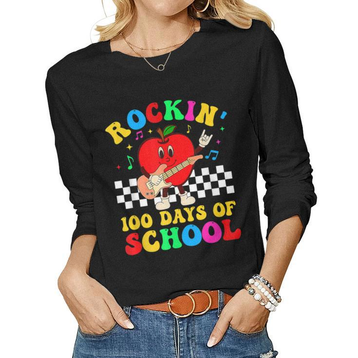 Retro Rockin 100 Days Of School  Guitar Music Teacher  Women Graphic Long Sleeve T-shirt