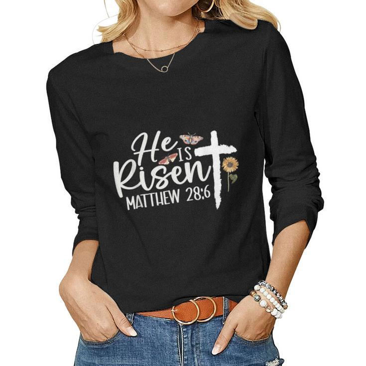 He Is Risen Christians Cross Jesus Religious Easter Day Women Long Sleeve T-shirt
