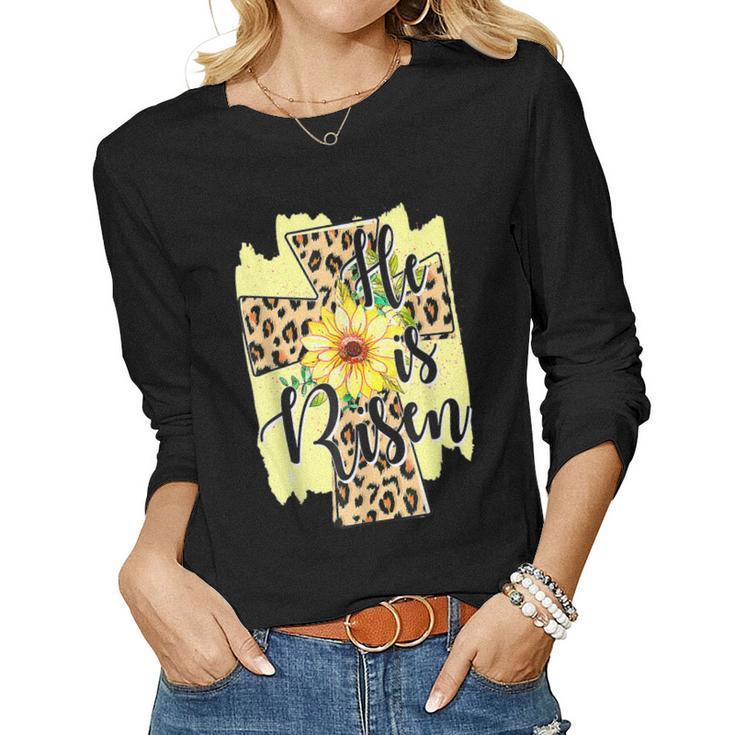 He Is Risen Leopard Sunflower Cross Christian Easters Day Women Long Sleeve T-shirt