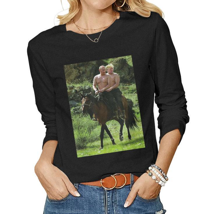 Russian Putin Riding A Horse With Donald Trump Meme Women Long Sleeve T-shirt