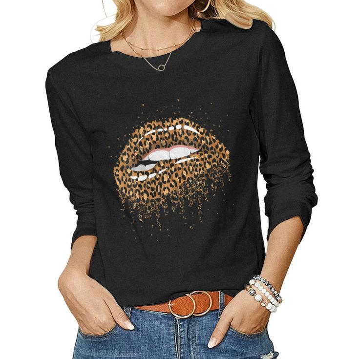 Womens Womens Cool Lips Bite Kiss Me Leopard Print Women Long Sleeve T-shirt