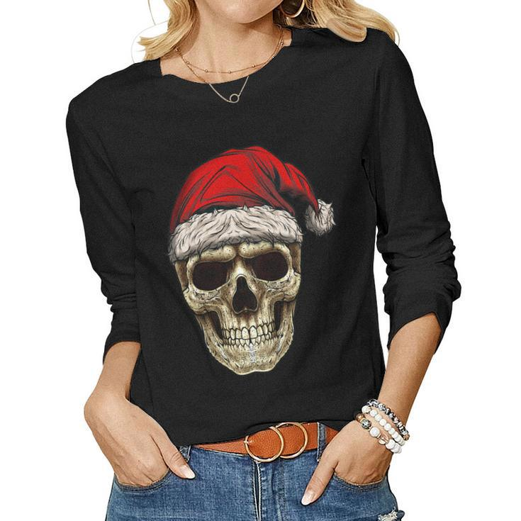Santa Hat Sugar Skull Day Of The Dead Christmas Skull Women Long Sleeve T-shirt