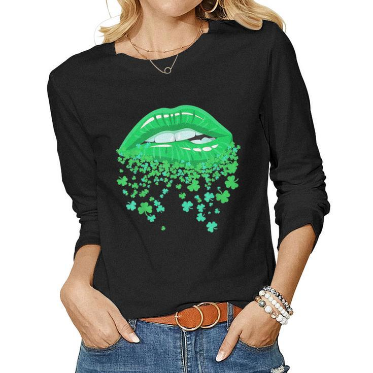 Sexy Lips Biting Shamrock Green Irish St Patricks Day Women  Women Graphic Long Sleeve T-shirt