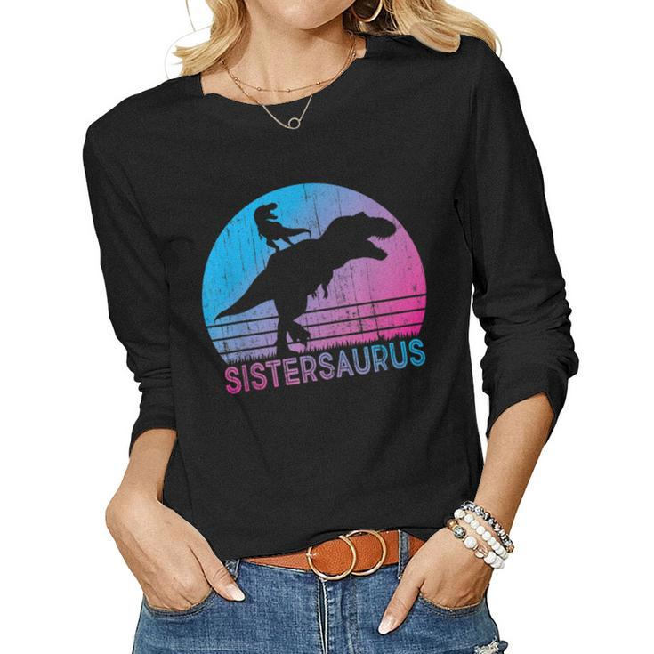 Sistersaurus Vintage Sunset Trex Dinosaur Sister Women Long Sleeve T-shirt