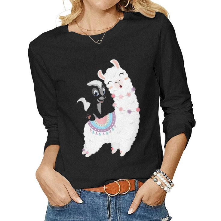 Skunk Riding Llama Funny Skunk Cute Gift Ideas Women Graphic Long Sleeve T-shirt
