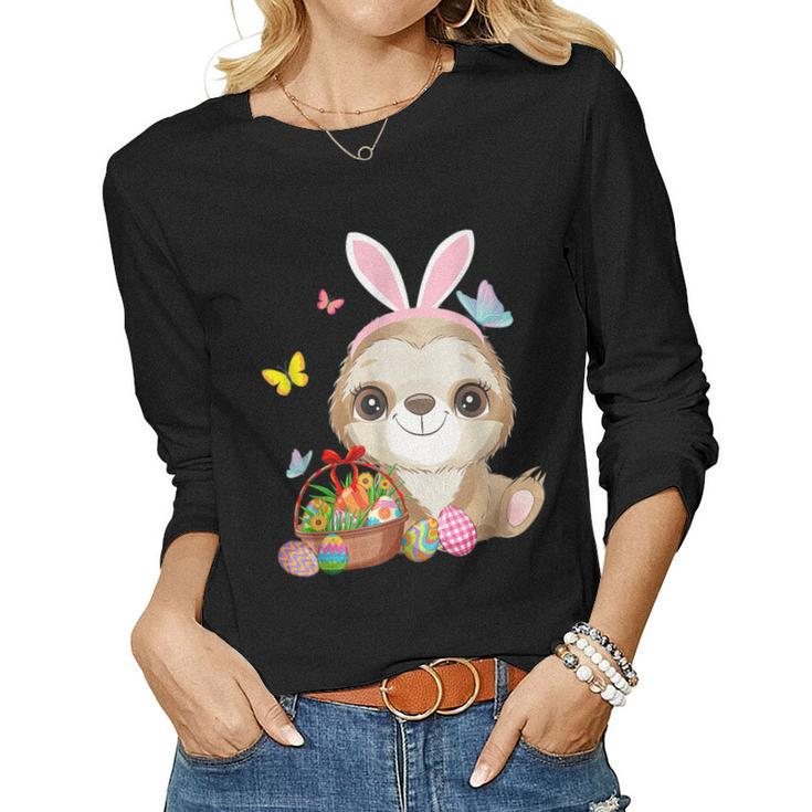 Sloth Bunny Ear With Eggs Basket Easter Costume Rabbit Women Long Sleeve T-shirt