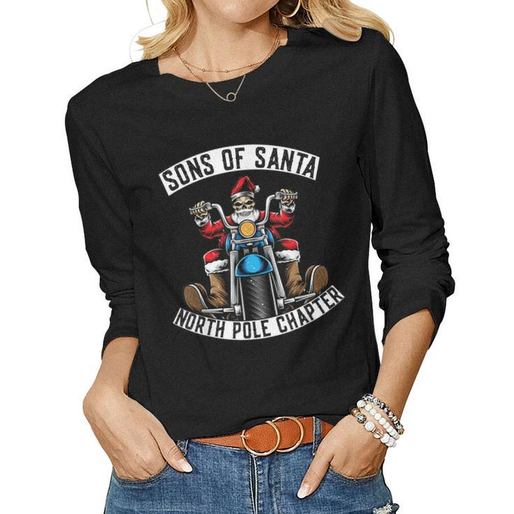 Sons Of Santa Merry Christmas Rocker Motorcycle Skeleton Women Long Sleeve T-shirt