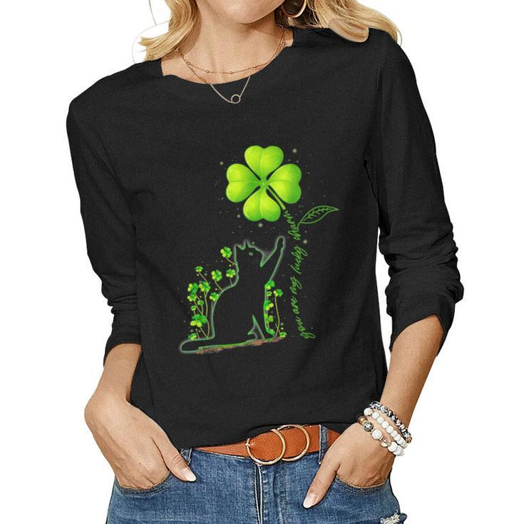 St Patricks Day Black Cat My Lucky Charm Shamrock Women Girl  Women Graphic Long Sleeve T-shirt