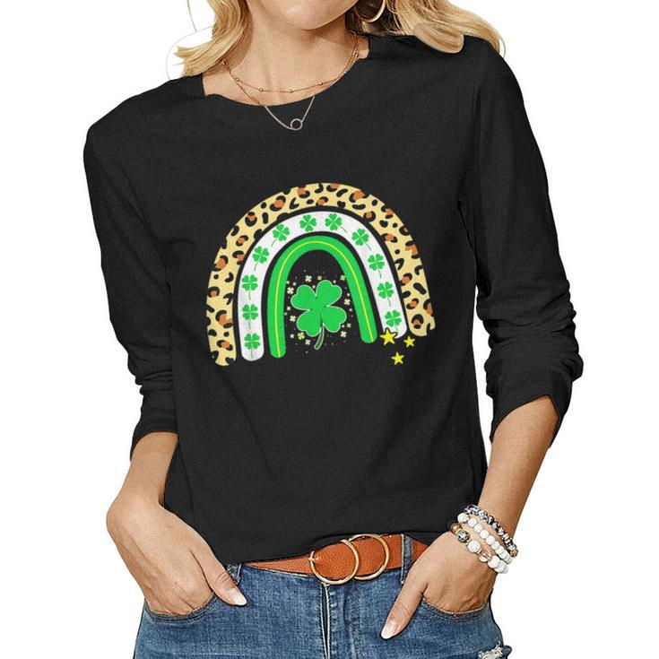 St Patrick’S Day Cute Rainbow Leopard Shamrock Clover  Women Graphic Long Sleeve T-shirt