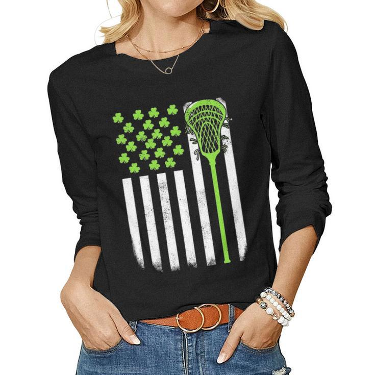 St Patricks Day Lacrosse Lax Usa Flag Women Irish Shamrock Women Graphic Long Sleeve T-shirt