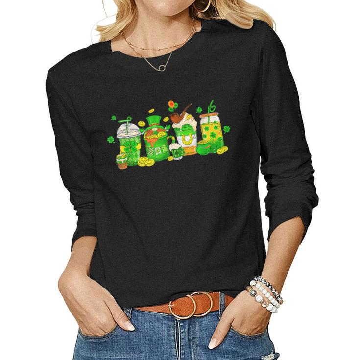 St Patricks Day Lucky Latte Coffee Cup Shamrock Coffee Lover  Women Graphic Long Sleeve T-shirt