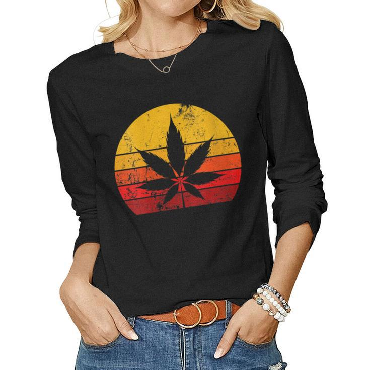 Womens Sun Vintage Marijuana Weed Cannabis Leaf Retro Doobies Cool Women Long Sleeve T-shirt