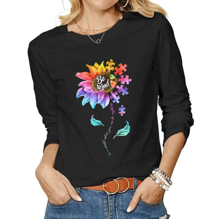 Sunflower Autism Awareness Be Kind Puzzle Mom Support Kids  Women Graphic Long Sleeve T-shirt