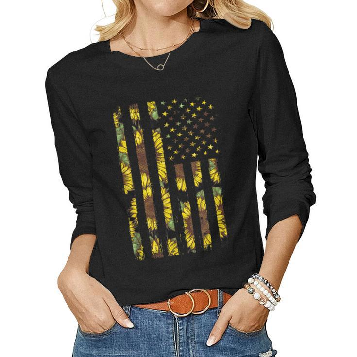 Sunflower Flag Patriotic Yellow American Flag Women Long Sleeve T-shirt