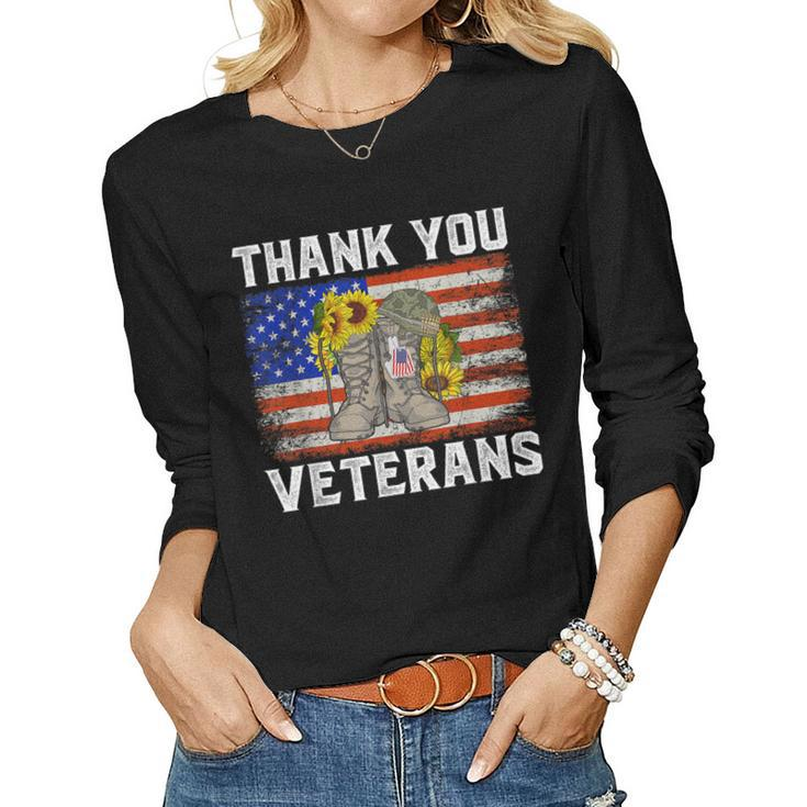 Thank You Veterans Combat Boots Sunflower Veteran Day  Women Graphic Long Sleeve T-shirt