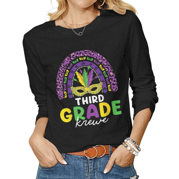 Third Grade Krewe Rainbow Leopard Mardi Gras Teacher  Women Graphic Long Sleeve T-shirt