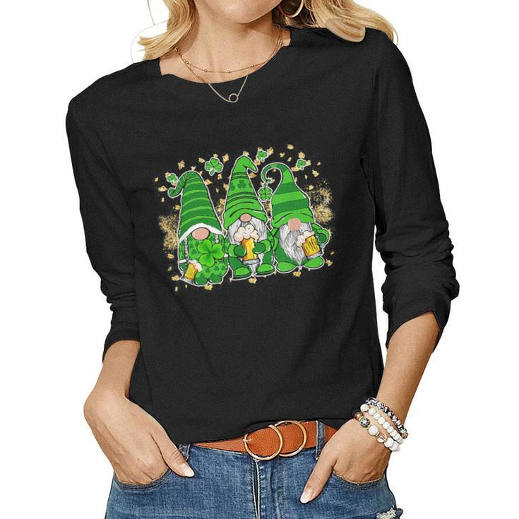 Three Lucky Gnome Shamrock Irish Beer St Patricks Day  Women Graphic Long Sleeve T-shirt