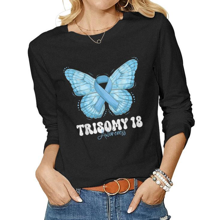 Trisomy 18 Awareness Month Light Blue Ribbon Butterfly Women Long Sleeve T-shirt