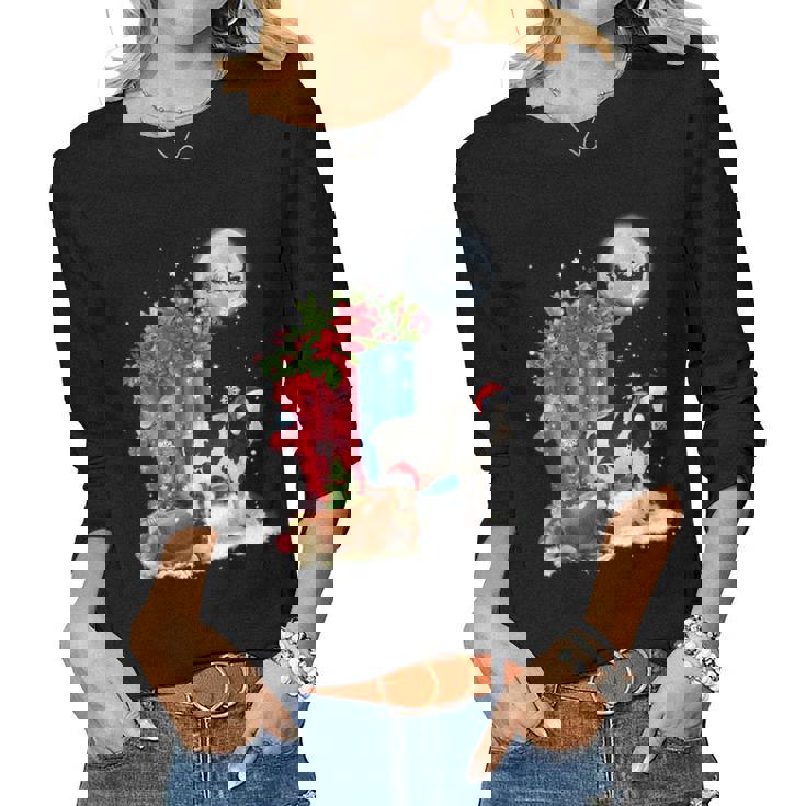 Two Cow Hat Santa Christmas Lights Cow Christmas Women Long Sleeve T-shirt