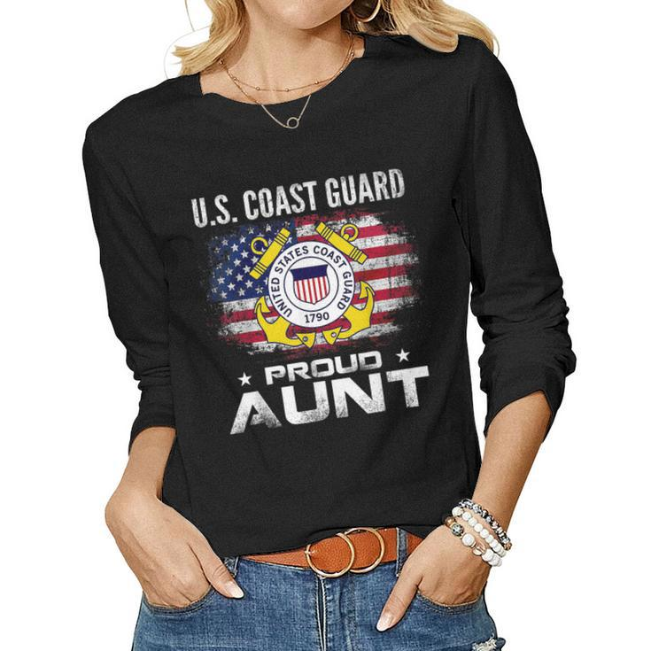 US Coast Guard Proud Aunt With American Flag Gift Veteran  Women Graphic Long Sleeve T-shirt