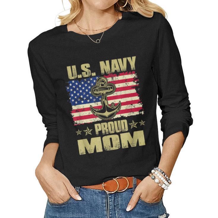 Us Navy Proud Mom With American Flag 4Th Of July Veteran Day  Women Graphic Long Sleeve T-shirt