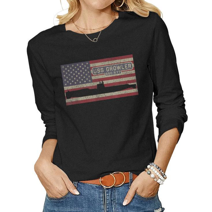Uss Growler Ssg-577 Guided Missile Submarine American Flag Women Graphic Long Sleeve T-shirt