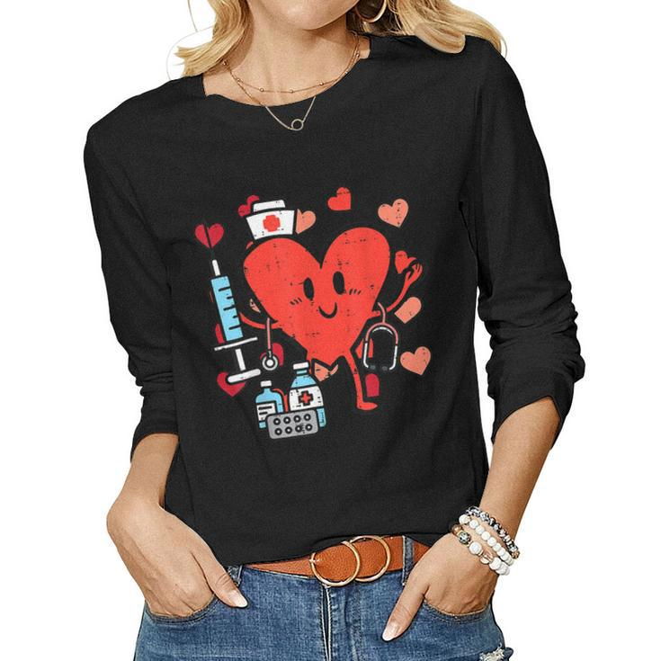 Valentines Day Nurse Heart Funny Nursing Scrub Top Rn Women  Women Graphic Long Sleeve T-shirt