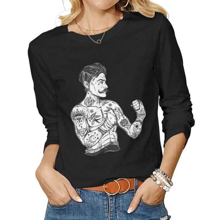 Vintage Boxing Champion Tattoo  - Boho Ink Fighter  Women Graphic Long Sleeve T-shirt