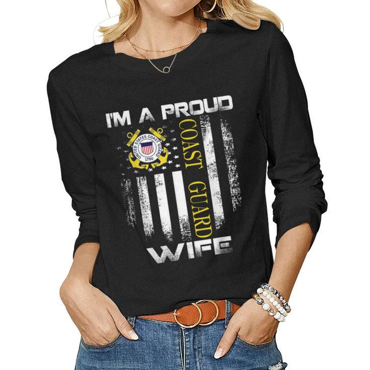 Vintage Im A Proud Coast Guard Wife With American Flag  Women Graphic Long Sleeve T-shirt