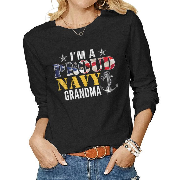 Vintage Im A Proud Navy With American Flag For Grandma  Women Graphic Long Sleeve T-shirt