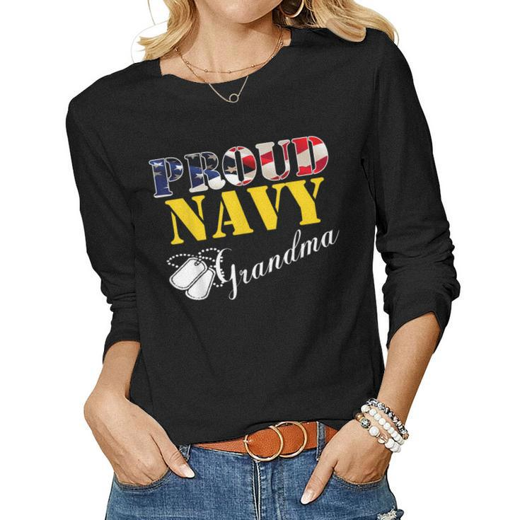 Vintage Proud Navy Grandma With American Flag Gift Veteran  Women Graphic Long Sleeve T-shirt